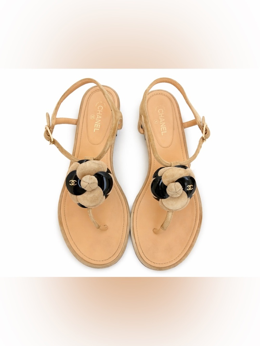 Chanel Camellia Thong Sandals 2016 Beige Suede CC Resin Flower Flats EU 38.5